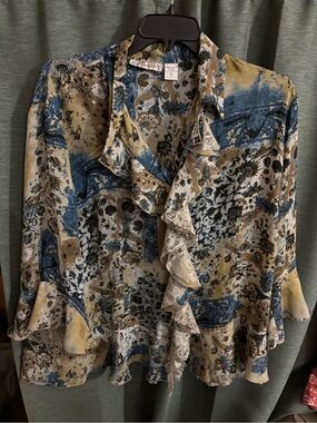 dressbarn Blue and Tan Floral Ruffle Blouse